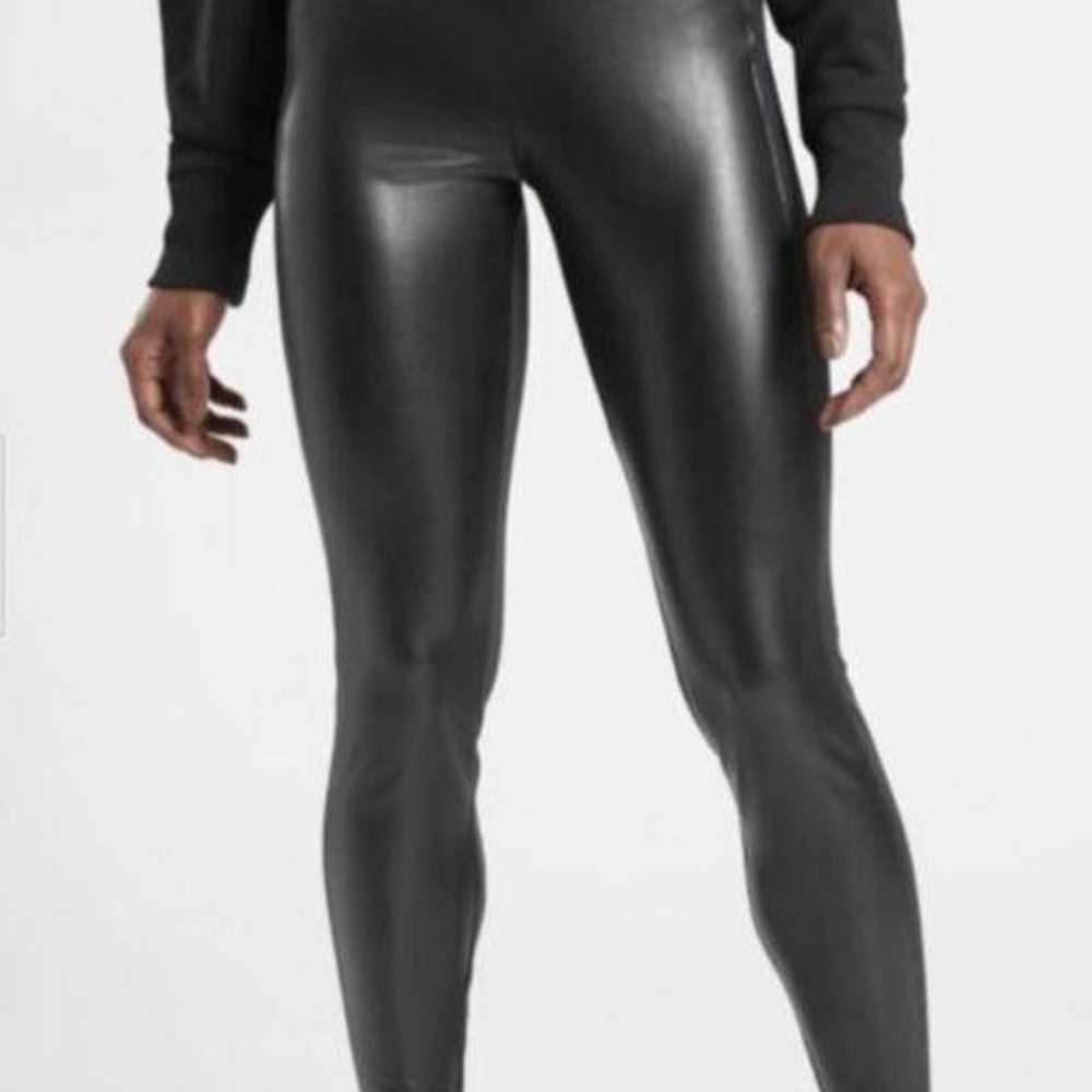Athleta Delancey Shine Tight - Black - Faux Leather Front - Petite Large